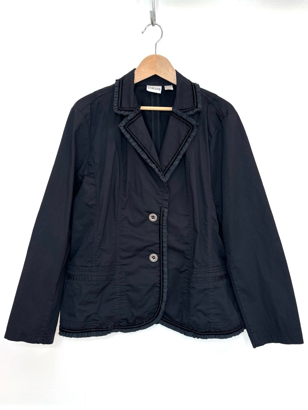 Chico's Y2K Cotton Velvet Ruffle Trim Blazer Jacket Size 3 / XL Goth Boho Black
